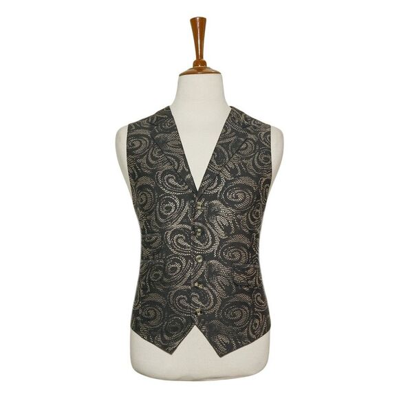 Mens 46R Black Gold Jacquard Swirl Pattern Vest Waistcoat Wedding Party Formal - Picture 1 of 8